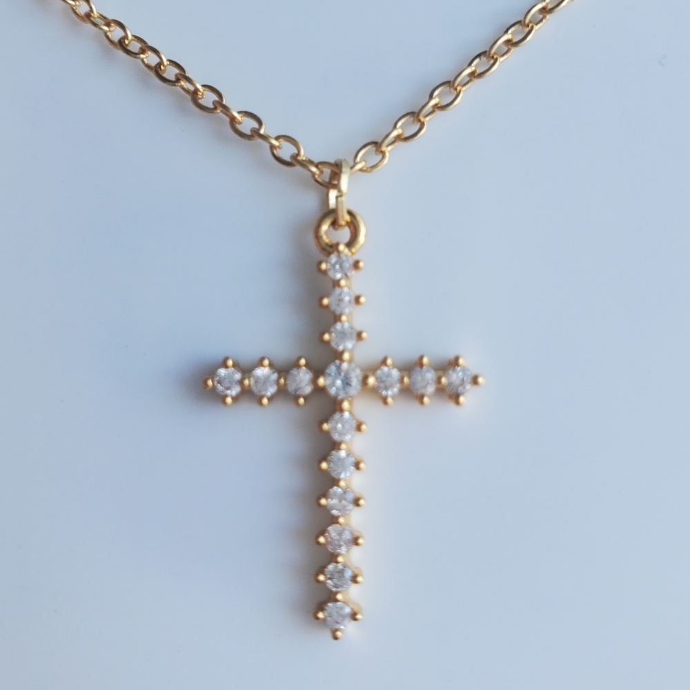 14k Gold Plated Necklace with Cubic Zirconia Cross Pendant